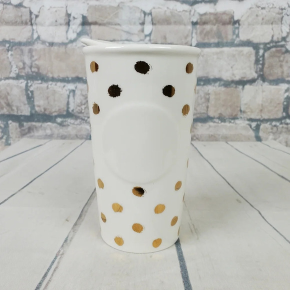 Starbucks Double Wall Travel Tumbler Dot Collection Gold Polka Dots White Lidded - Picture 1 of 10